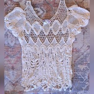 Body Central Womens Cream Crochet Tank Top Y2k Boho Festivals With Fringe